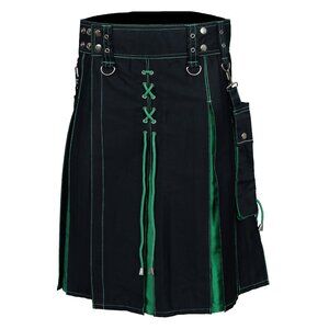 Men’s Black Utility Kilt Hybrid Sports Kilt with Green Pleats